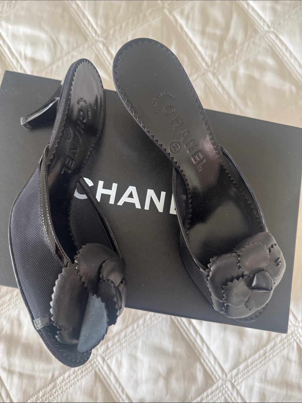 CHANEL Black Leather Camellia Slide Mules